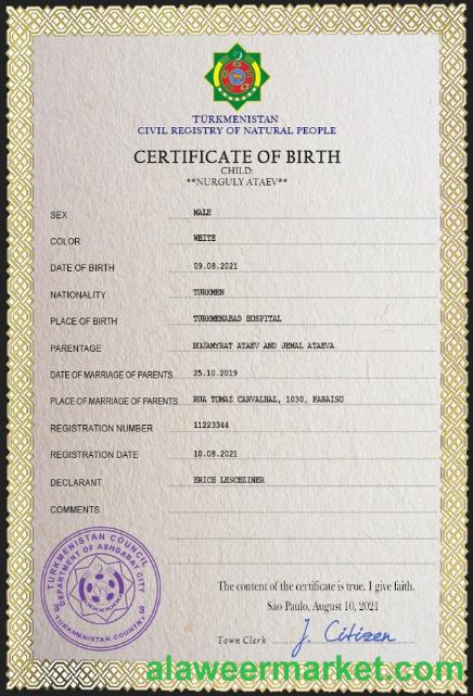 Turkmenistan vital record birth certificate PSD template